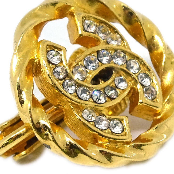 Chanel Gold Button Earrings Clip-On Rhinestone 2137