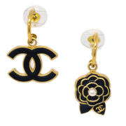 Chanel Camellia Dangle Piercing Earrings Black Costume Pearl 02A