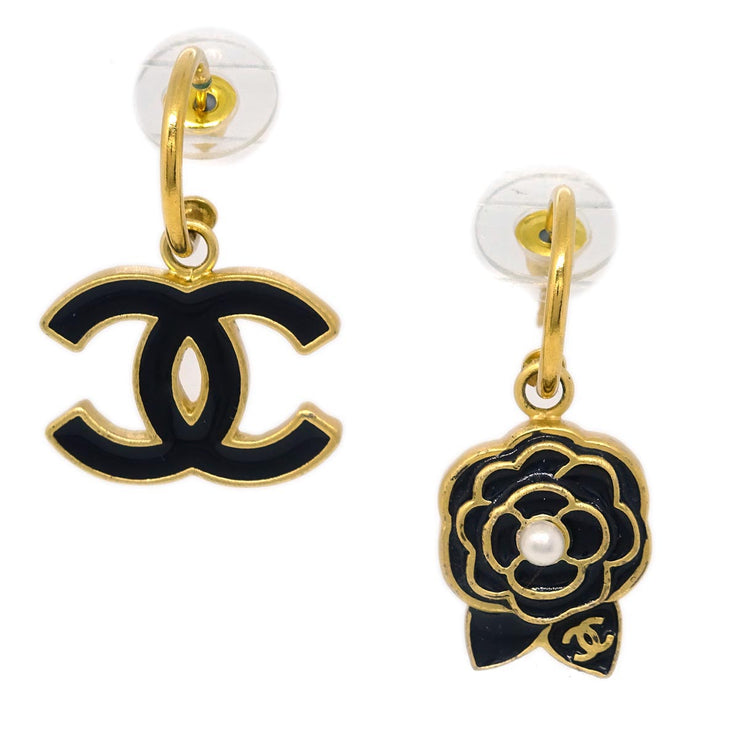 Chanel Camellia Dangle Piercing Earrings Black Costume Pearl 02A
