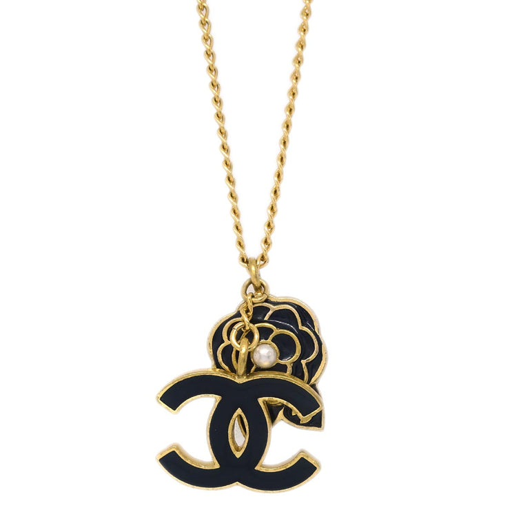 Chanel Gold Camellia Chain Pendant Necklace Costume Pearl 02A
