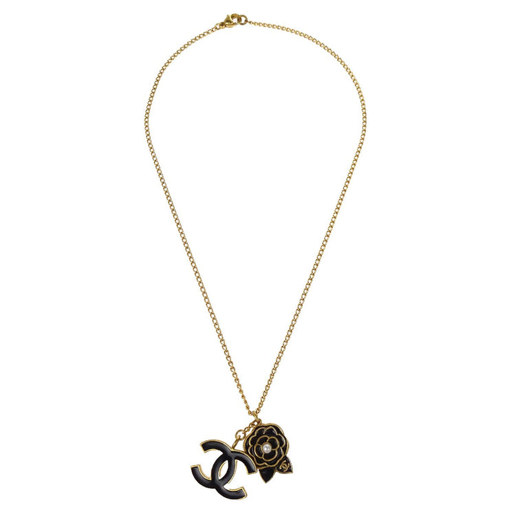 Chanel Gold Camellia Chain Pendant Necklace Costume Pearl 02A