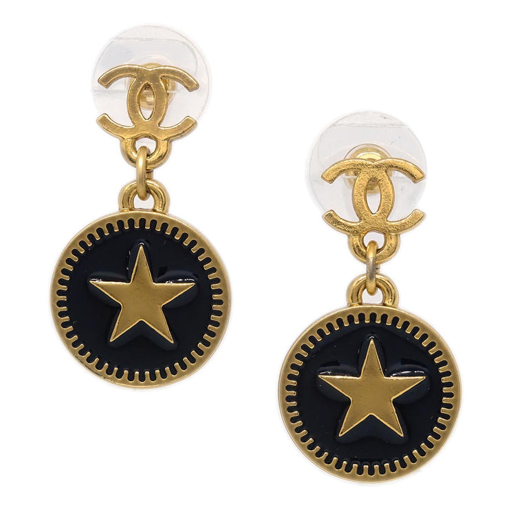 Chanel Button Dangle Piercing Earrings Black 01P