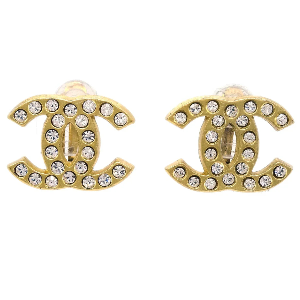 Chanel Gold CC Earrings Clip-On Rhinestone 01A