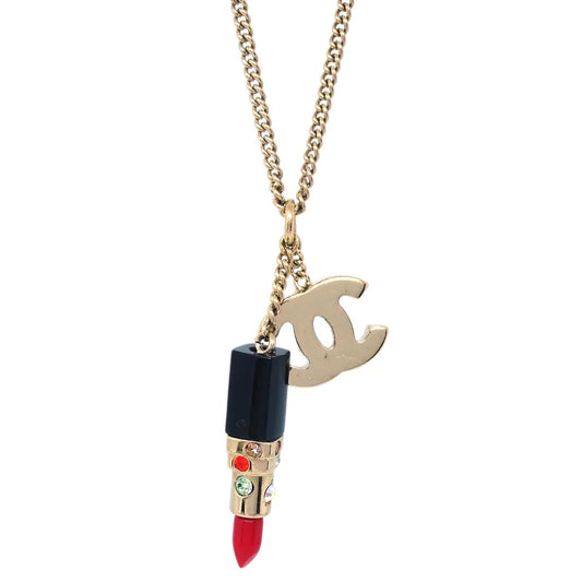 Chanel Lipstick Gold Pendant Necklace Rhinestone 04A