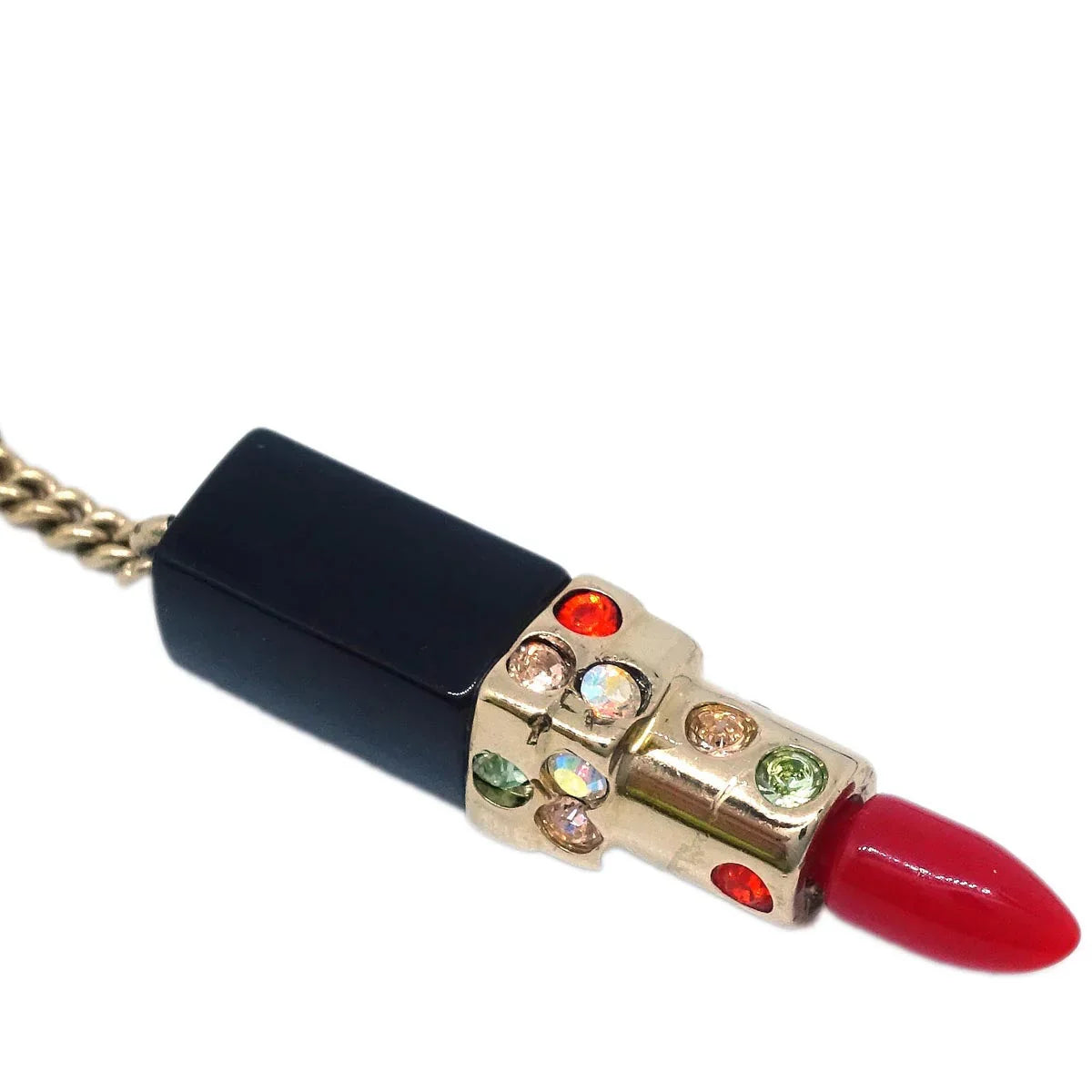 Chanel Lipstick Gold Pendant Necklace Rhinestone 04A