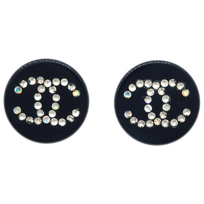 Chanel Button Earrings Clip-On Rhinestone Black 03A