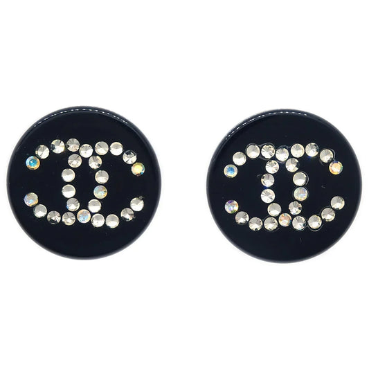 Chanel Button Earrings Clip-On Rhinestone Black 03A