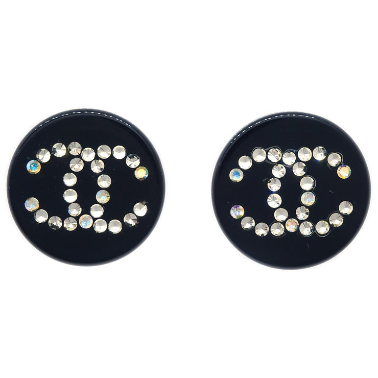 Chanel Button Earrings Clip-On Rhinestone Black 03A