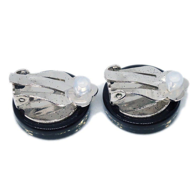 Chanel Button Earrings Clip-On Rhinestone Black 03A