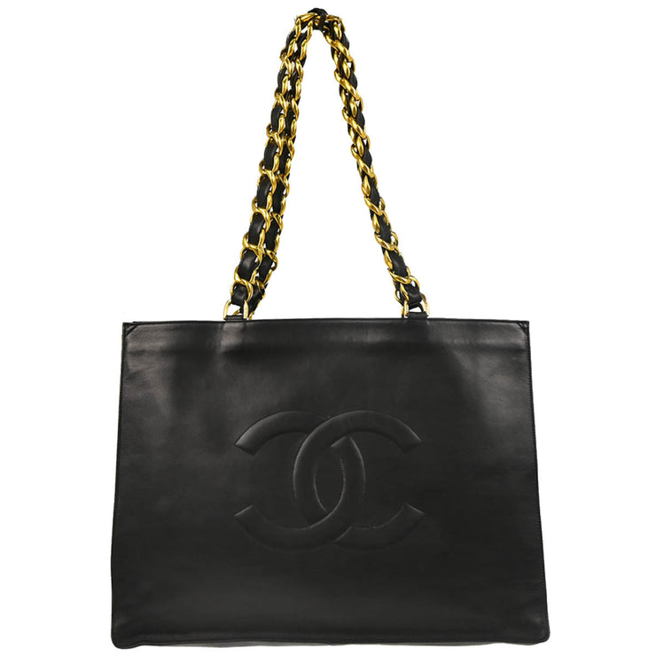 Chanel 1991-1994 Black Calfskin Chain Tote Shoulder Bag