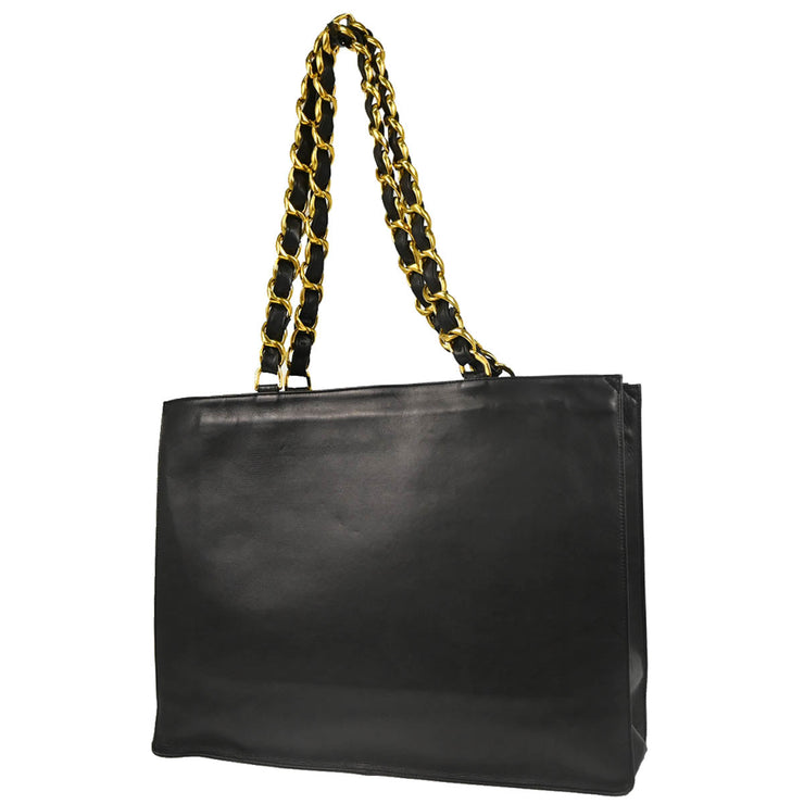 Chanel 1991-1994 Black Calfskin Chain Tote Shoulder Bag