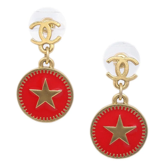 Chanel Button Star Dangle Piercing Earrings Gold Red 01P