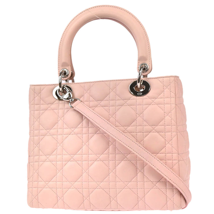 Christian Dior 2006 Pink Lambskin Medium Lady Dior Cannage 2way Shoulder Handbag