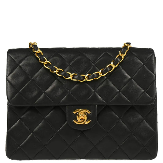 Chanel 1991-1994 Black Lambskin Classic Square Flap Shoulder Bag 20