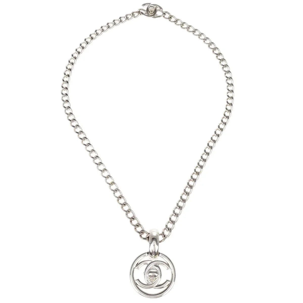 Chanel Turnlock Medallion Chain Pendant Necklace Silver 97P