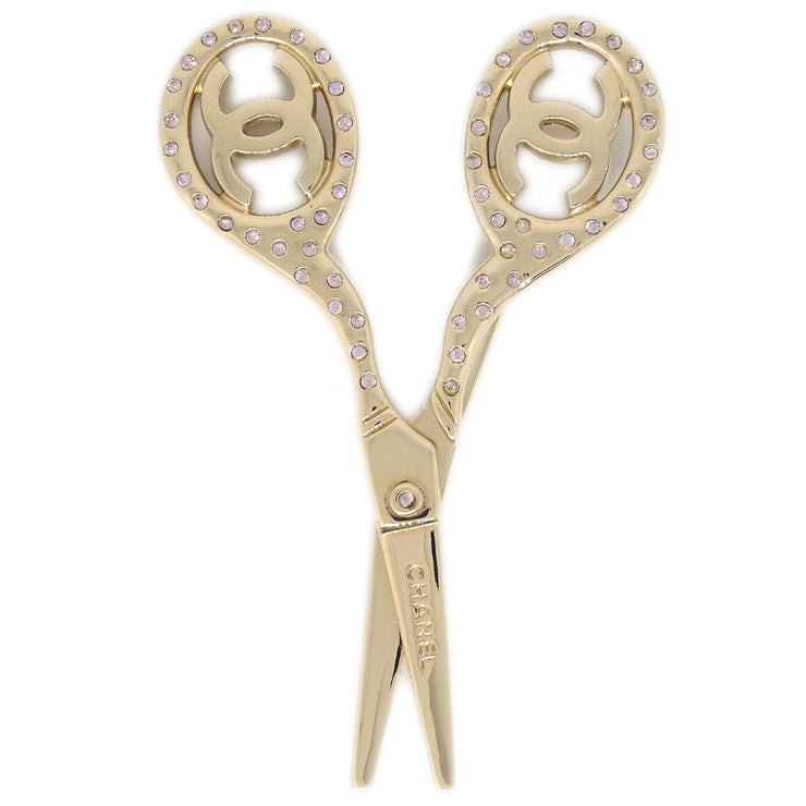 Chanel Scissors Brooch Pin Gold Rhinestone 02P
