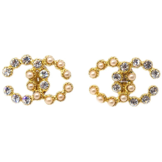 Chanel Gold CC Earrings Clip-On Rhinestone Costume Pearl 28