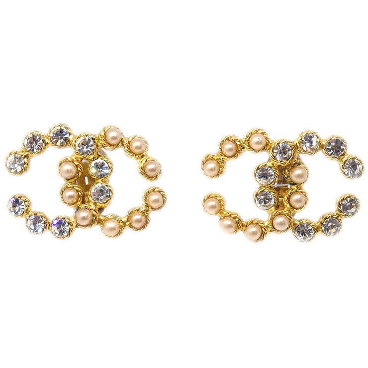 Chanel Gold CC Earrings Clip-On Rhinestone Costume Pearl 28