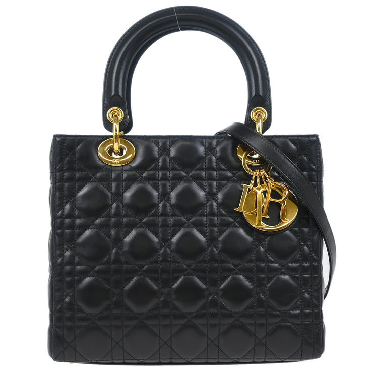 Christian Dior 2002 Black Lambskin Medium Lady Dior Cannage 2way Shoulder Handbag