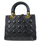 Christian Dior 2002 Black Lambskin Medium Lady Dior Cannage 2way Shoulder Handbag