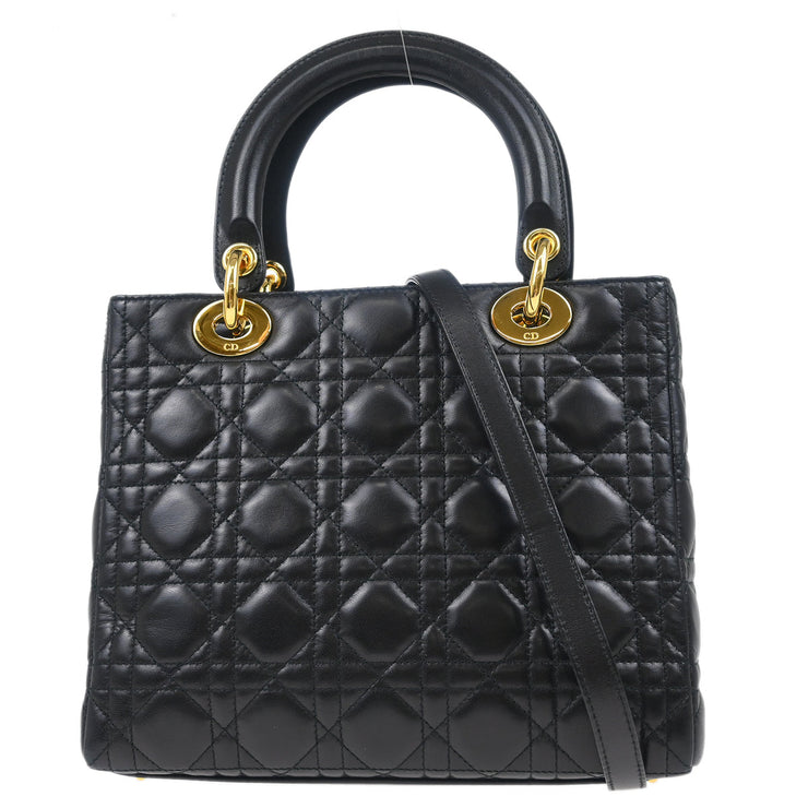 Christian Dior 2002 Black Lambskin Medium Lady Dior Cannage 2way Shoulder Handbag