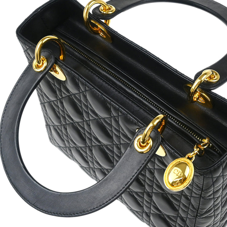Christian Dior 2002 Black Lambskin Medium Lady Dior Cannage 2way Shoulder Handbag