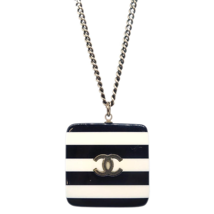 Chanel Silver Black Square Necklace Pendant 06A