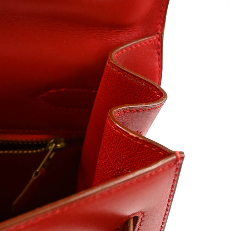 Hermes 1993 Red Box Calf Kelly 32 Sellier 2way Shoulder Handbag
