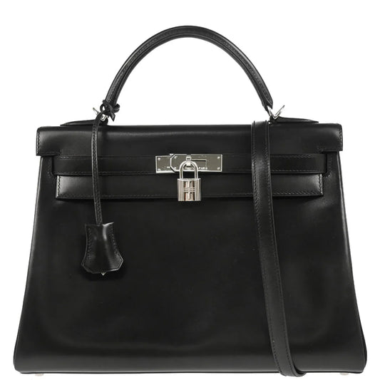 Hermes 2008 Black Box Calf Kelly 32 Retourne 2way Shoulder Handbag
