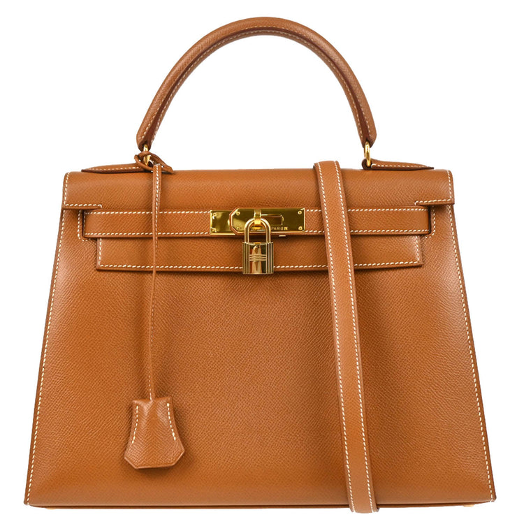 Hermes 1997 Gold Courchevel Kelly 28 Sellier 2way Shoulder Handbag