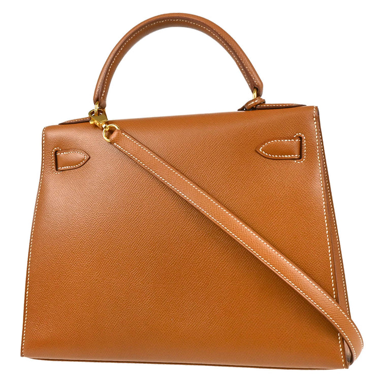 Hermes 1997 Gold Courchevel Kelly 28 Sellier 2way Shoulder Handbag