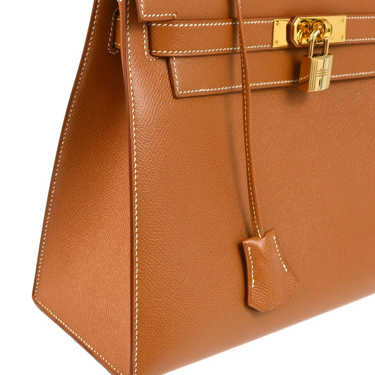 Hermes 1997 Gold Courchevel Kelly 28 Sellier 2way Shoulder Handbag