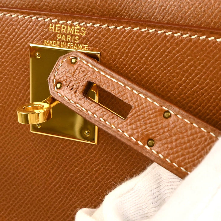 Hermes 1997 Gold Courchevel Kelly 28 Sellier 2way Shoulder Handbag