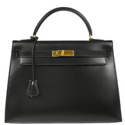 Hermes 1994 Black Box Calf Kelly 32 Sellier Handbag