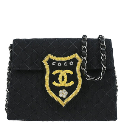 Chanel 2004-2005 Black Canvas Emblem Shoulder Bag