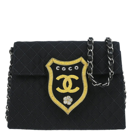 Chanel 2004-2005 Black Canvas Emblem Shoulder Bag