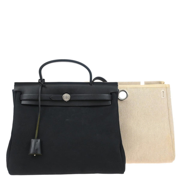 Hermes 2002 Black Beige Toile Officier H Herbag MM 2 in 1 2way Shoulder Handbag