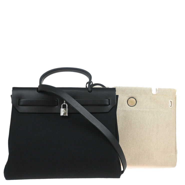 Hermes 2002 Black Beige Toile Officier H Herbag MM 2 in 1 2way Shoulder Handbag
