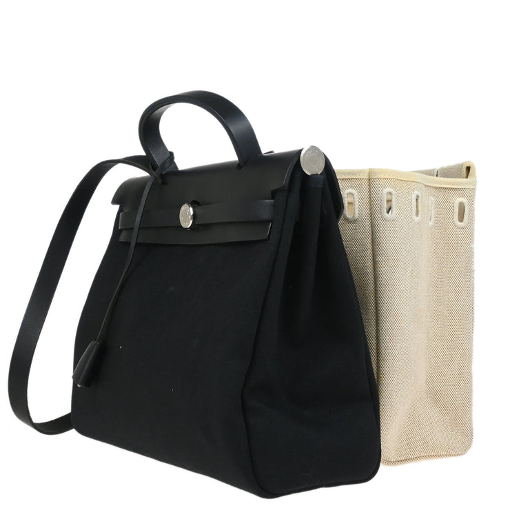 Hermes 2002 Black Beige Toile Officier H Herbag MM 2 in 1 2way Shoulder Handbag