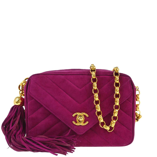 Chanel 1991-1994 Purple Suede Chevron Camera Bag Mini