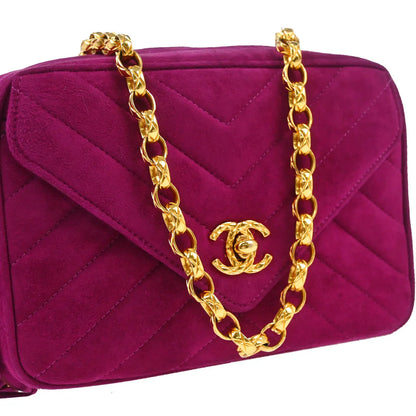 Chanel 1991-1994 Purple Suede Chevron Camera Bag Mini