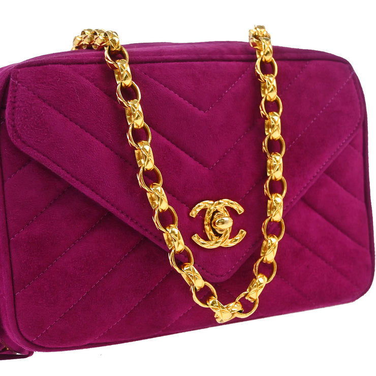 Chanel 1991-1994 Purple Suede Chevron Camera Bag Mini