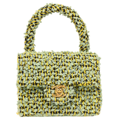 Chanel 1991-1994 Light Green Tweed Micro Classic Flap Handbag