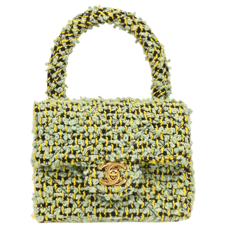 Chanel Light Green Tweed Micro Classic Flap Handbag