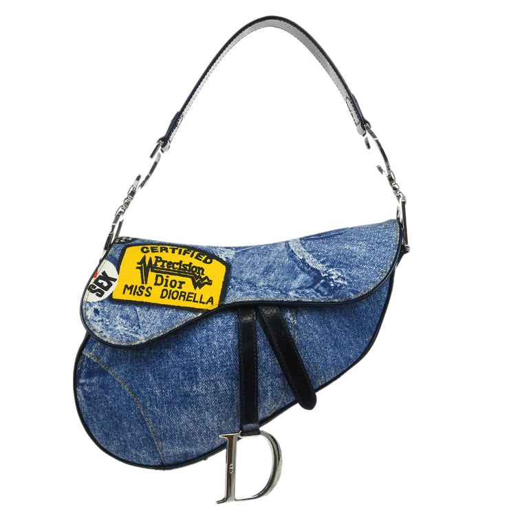 Christian Dior 2001 Blue Denim Print Cotton Saddle Handbag