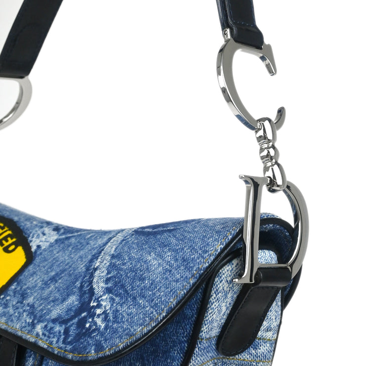 Christian Dior 2001 Blue Denim Print Cotton Saddle Handbag