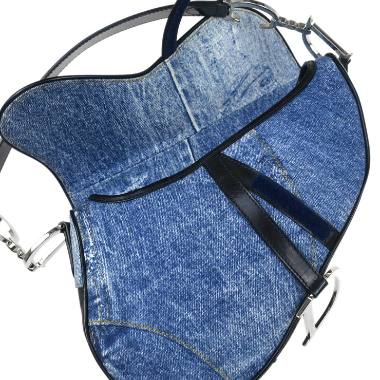 Christian Dior 2001 Blue Denim Print Cotton Saddle Handbag