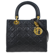 Christian Dior 1997 Black Lambskin Medium Lady Dior Cannage 2way Shoulder Handbag