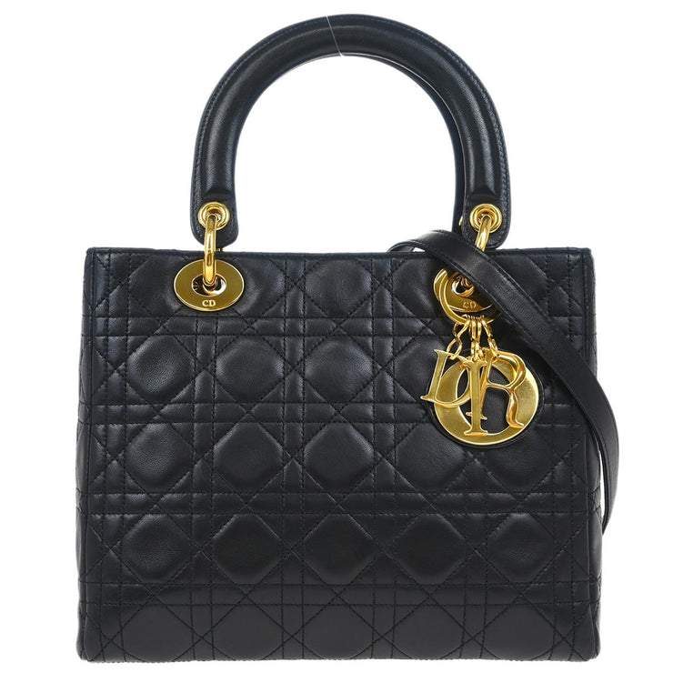 Christian Dior 1997 Black Lambskin Medium Lady Dior Cannage 2way Shoulder Handbag