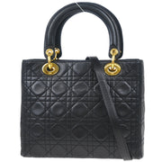 Christian Dior 1997 Black Lambskin Medium Lady Dior Cannage 2way Shoulder Handbag